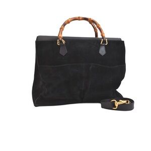Authentic GUCCI Vintage Bamboo 2Way Shoulder Hand Bag Suede Leather